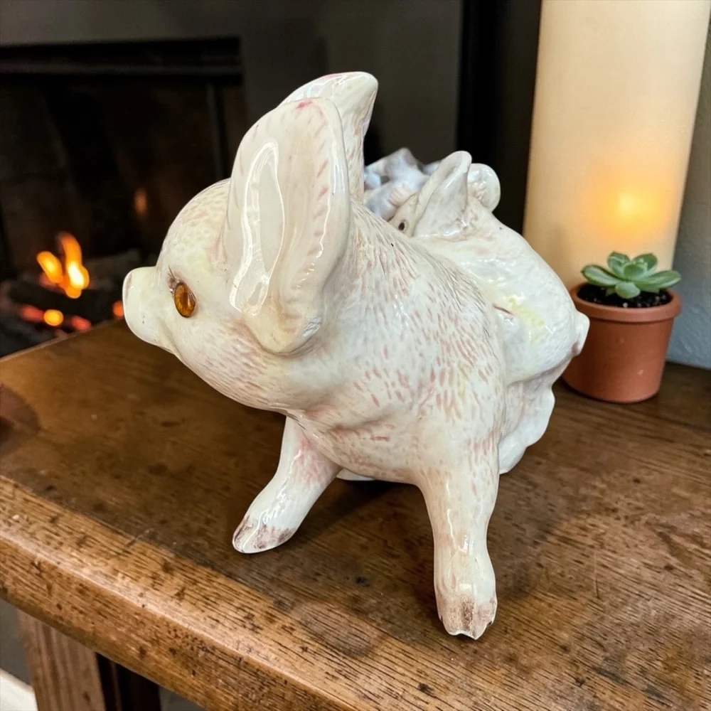 Vintage 1980s Ceramic Mother & Baby Pig Figurine Glass Eyes Farmhouse Decor